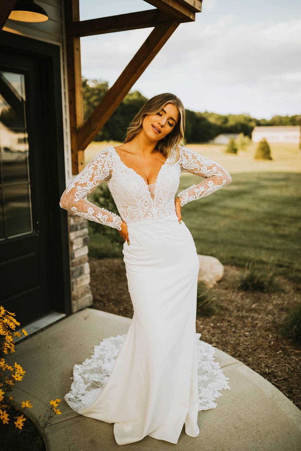 Long sleeve lace fit and flare wedding sales dress