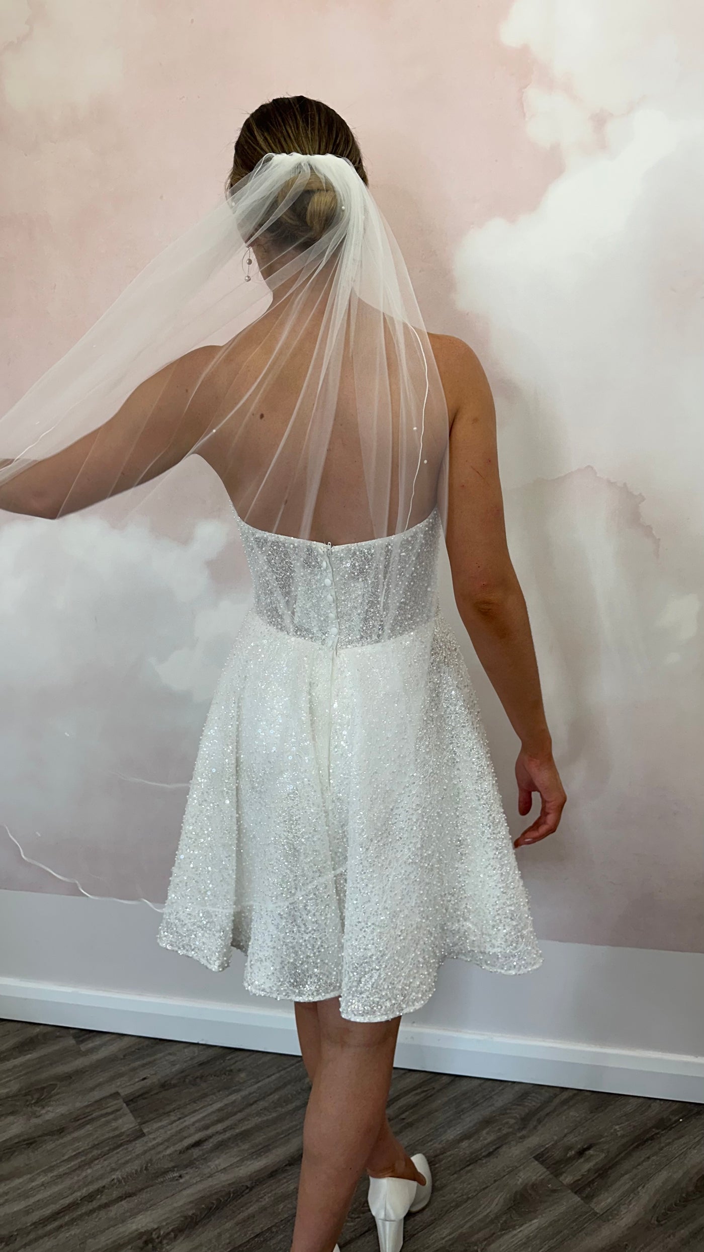 Ivory Soft Veil with  Pearls ( Bum Length)