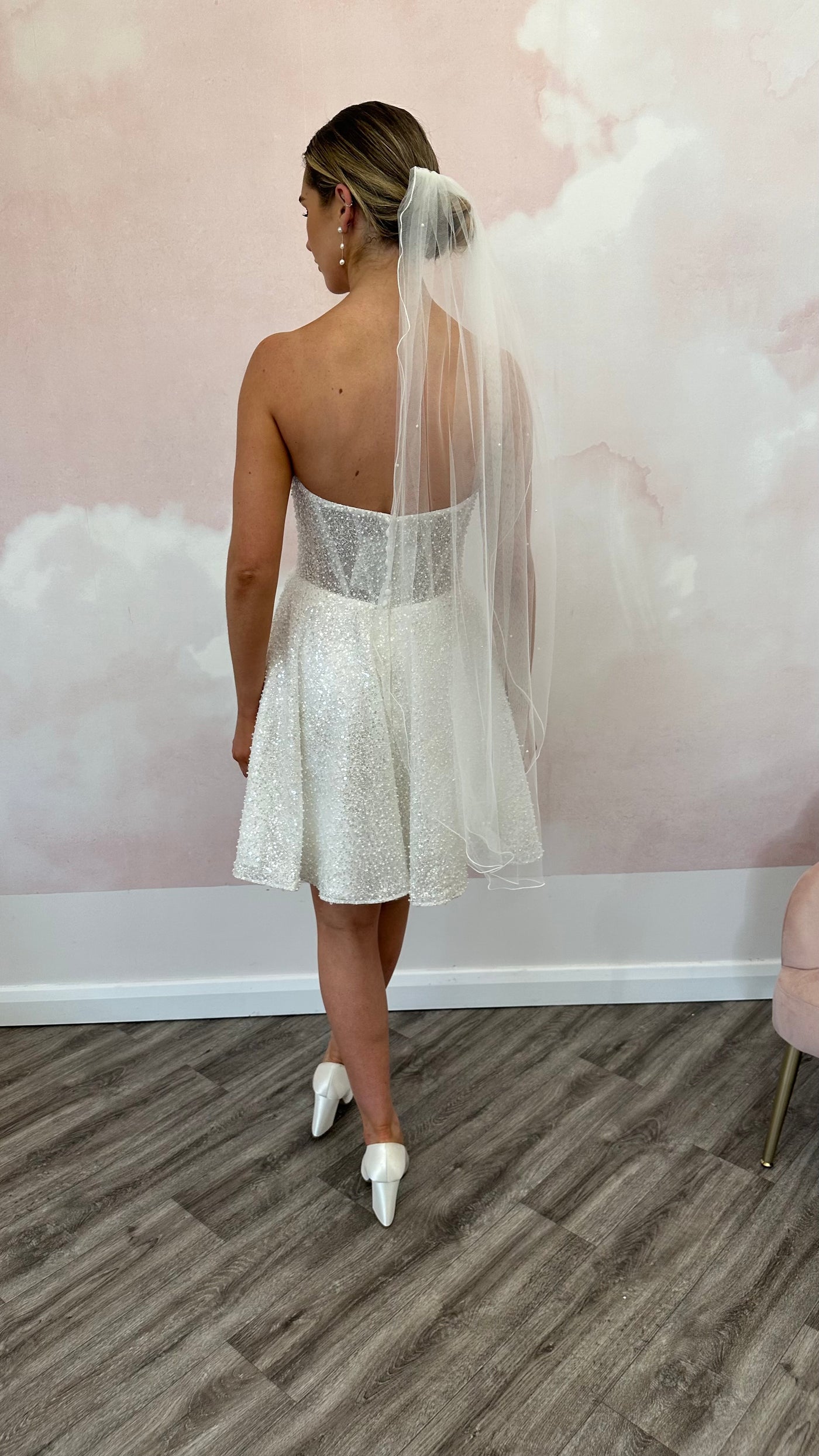 Ivory Soft Veil with  Pearls ( Bum Length)