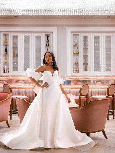 Simple bridal gown with over skirt for curvy bride