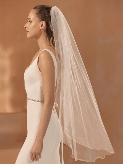 Ivory Soft Veil with  Pearls ( Bum Length)
