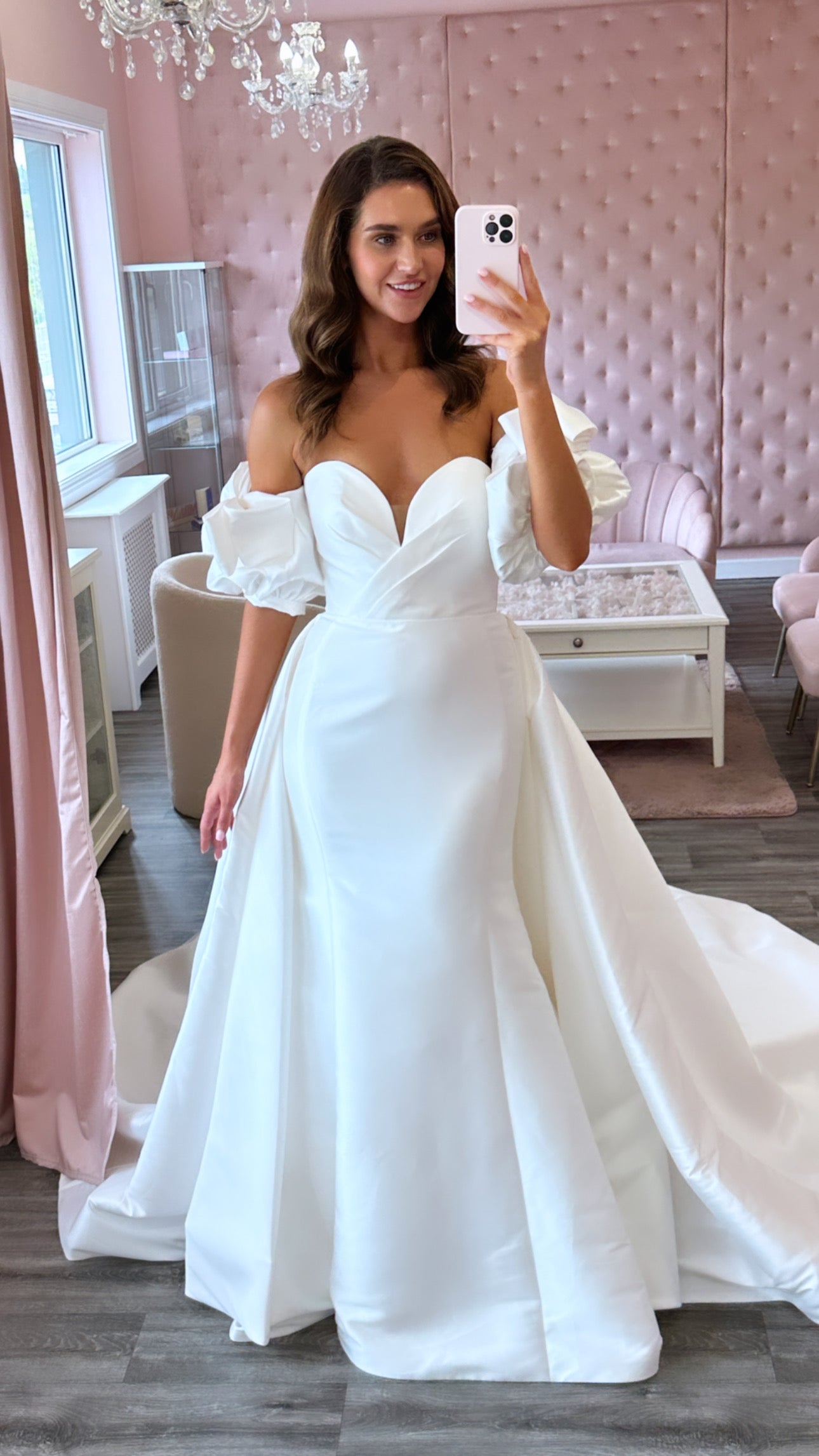Simple bridal gown with slevees and detachable over skirt for curvy brides