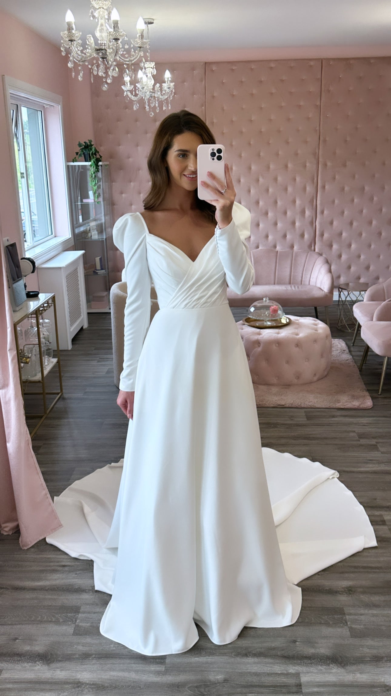Plus size wedding dress with elegant puff sleeves and a-line skirt