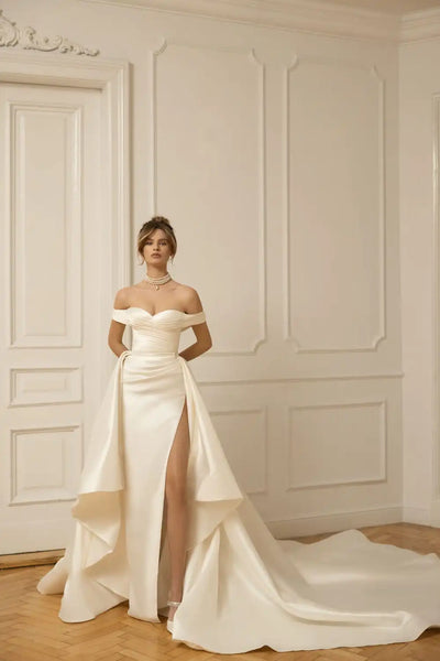 Off the shoulder wedding dress with detachable overskirt