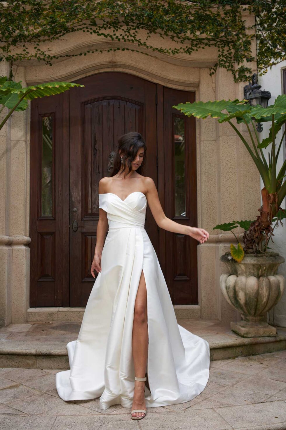 timeless sophisticated one shoulder matte mikado slit wedding dress