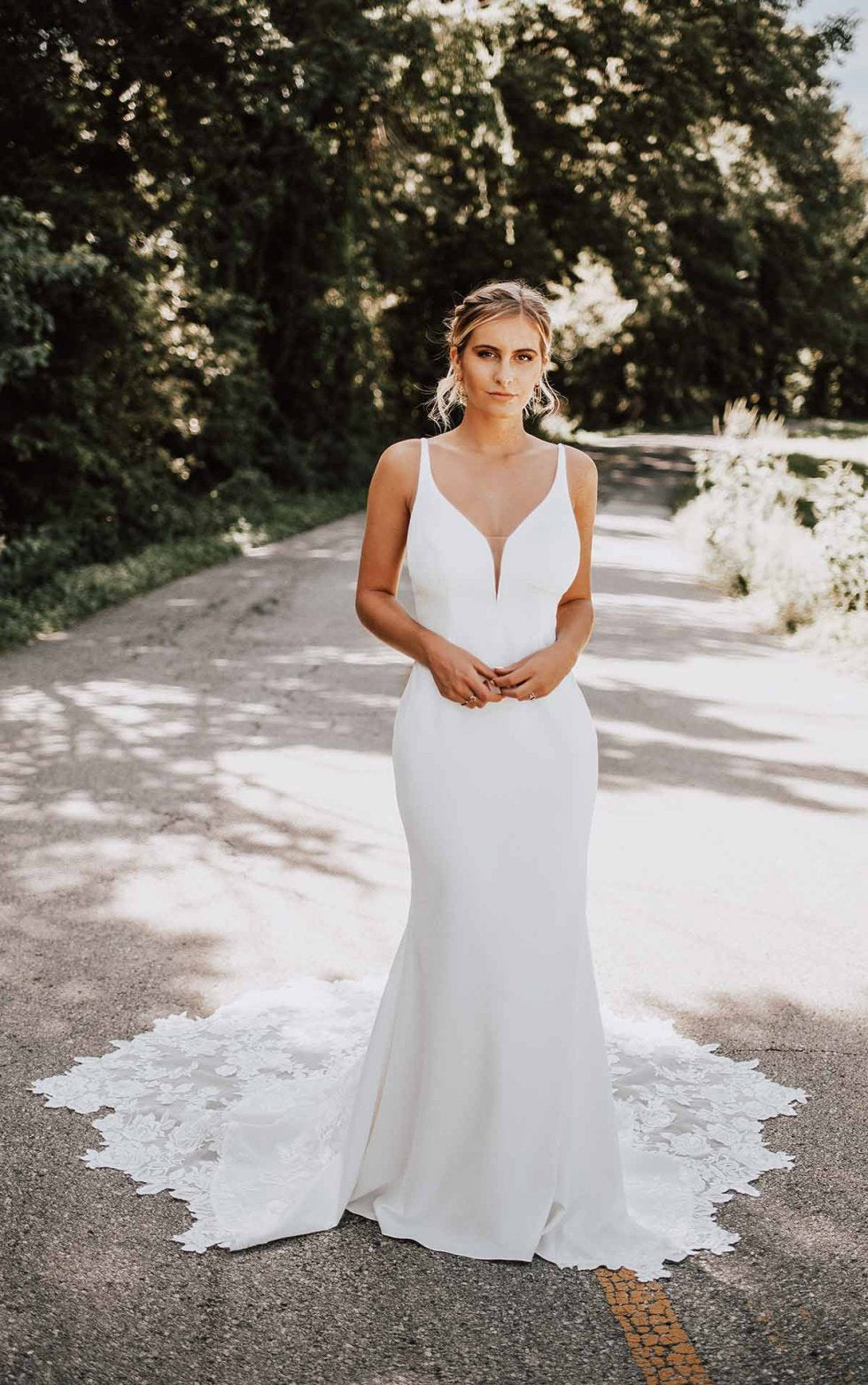 Stunning and sleek plunge v neck wedding dress with sheer floral train - off the rack wedding dress