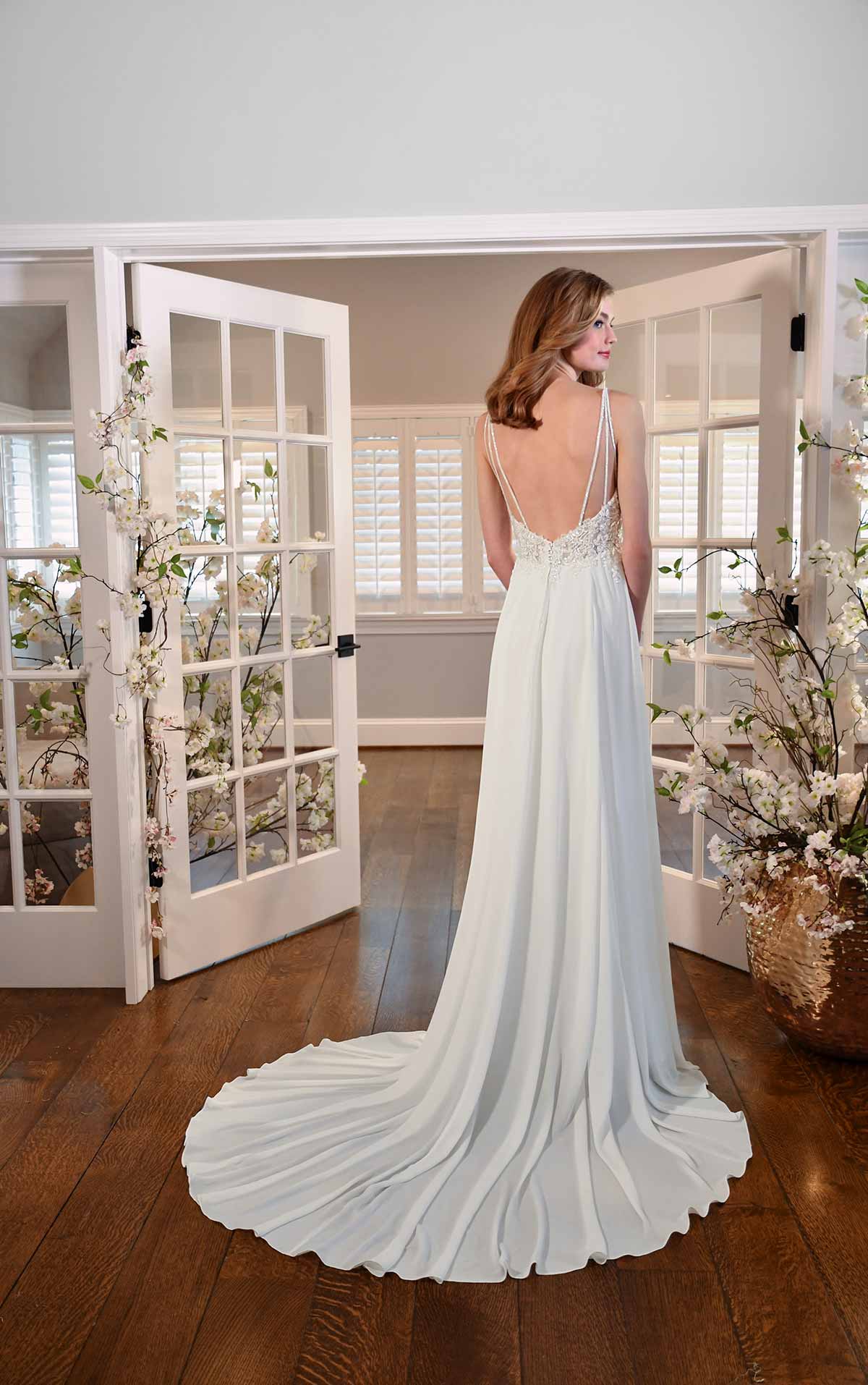 Stunning open back wedding gown with pearl straps and sexy side slit - off the peg wedding dress
