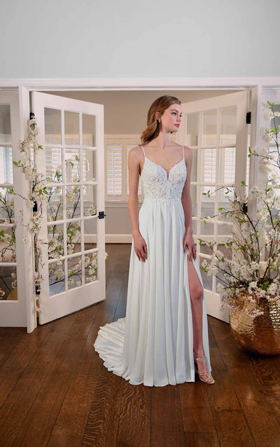 Romantic and sweet A-line wedding dress with swirling lace and crepe chiffon skirt - off the rack