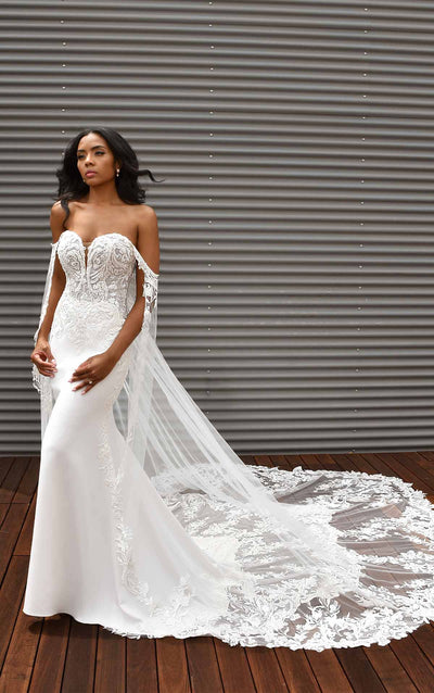 Lace Fit and flare wedding gown with plunge neckline