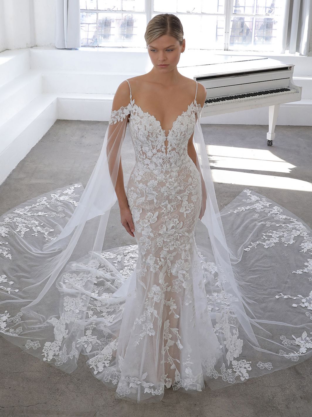 Full Lace Wedding Dress with Fit and Flare Shape  and Detachable Shoulder Cape - off the rack wedding dress