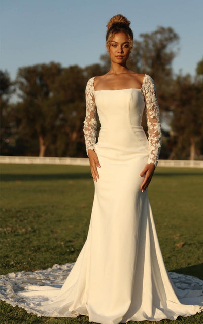 Square Neck Wedding Dress with Lace Sleeves 