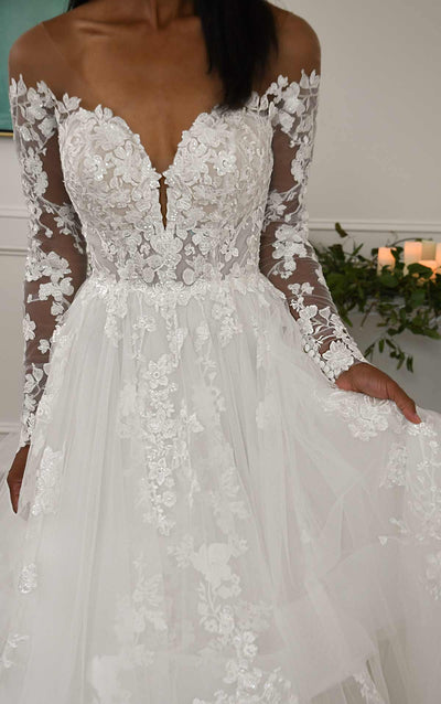Off the Shoulder Lace Wedding Dress with Tulle Skirt