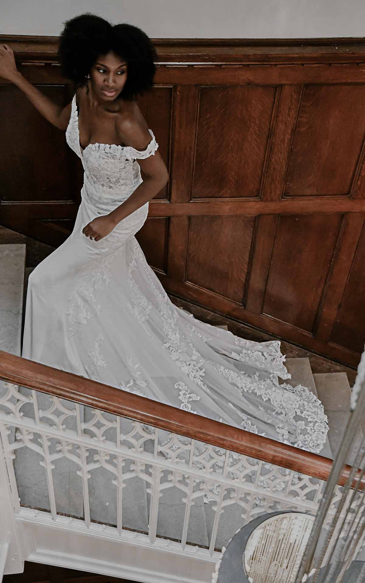 Off the shoulder fitted plus size wedding dress