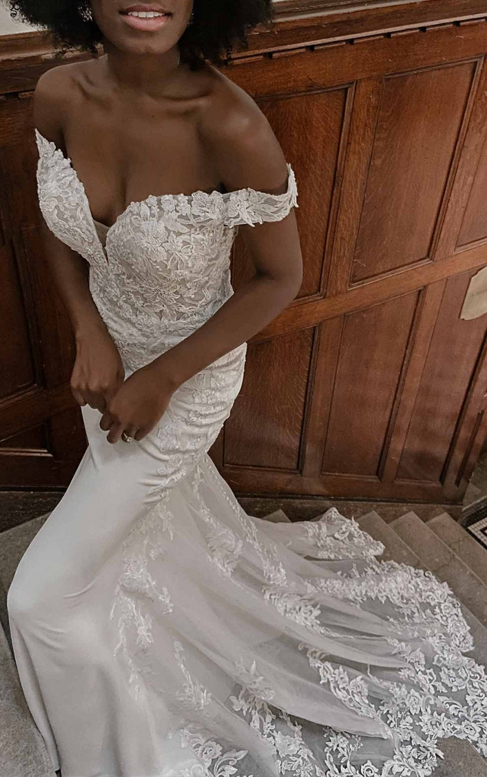Off the shoulder lace train fitted plus size wedding dress