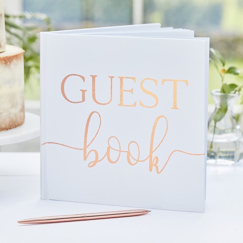 White Traditional Guest Book with Gold Lettering 